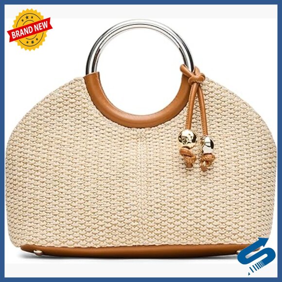 Straw Top Handle Crossbody Bag with O-Ring Charm Removable Strap